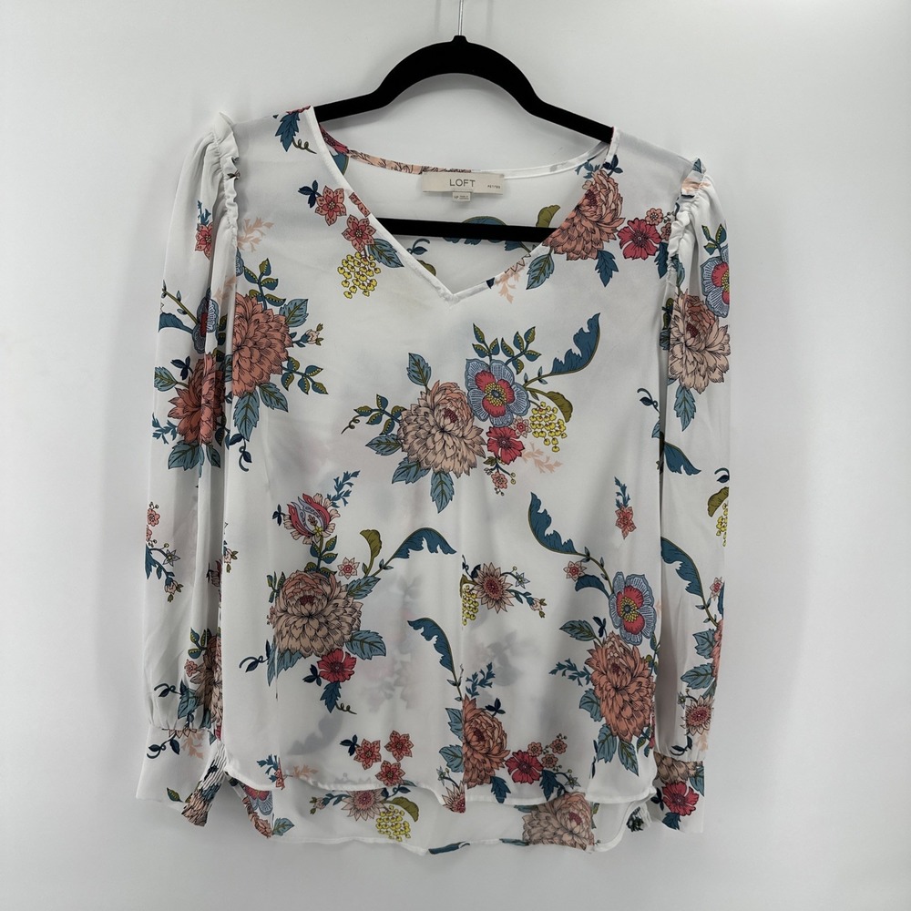 LOFT Petite White Floral Blouse Top, Size Medium Petite Long Sleeve